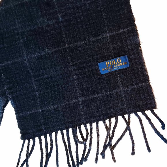 Polo Ralph Lauren Blue Plaid Wool Fringe Scarf Two Sided Reversible - Picture 5 of 9